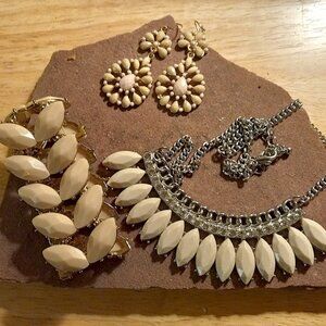 Costurme Jewelry Set Bib Necklace Earrings Bracelet Gold Tone Rhinestone & Beads